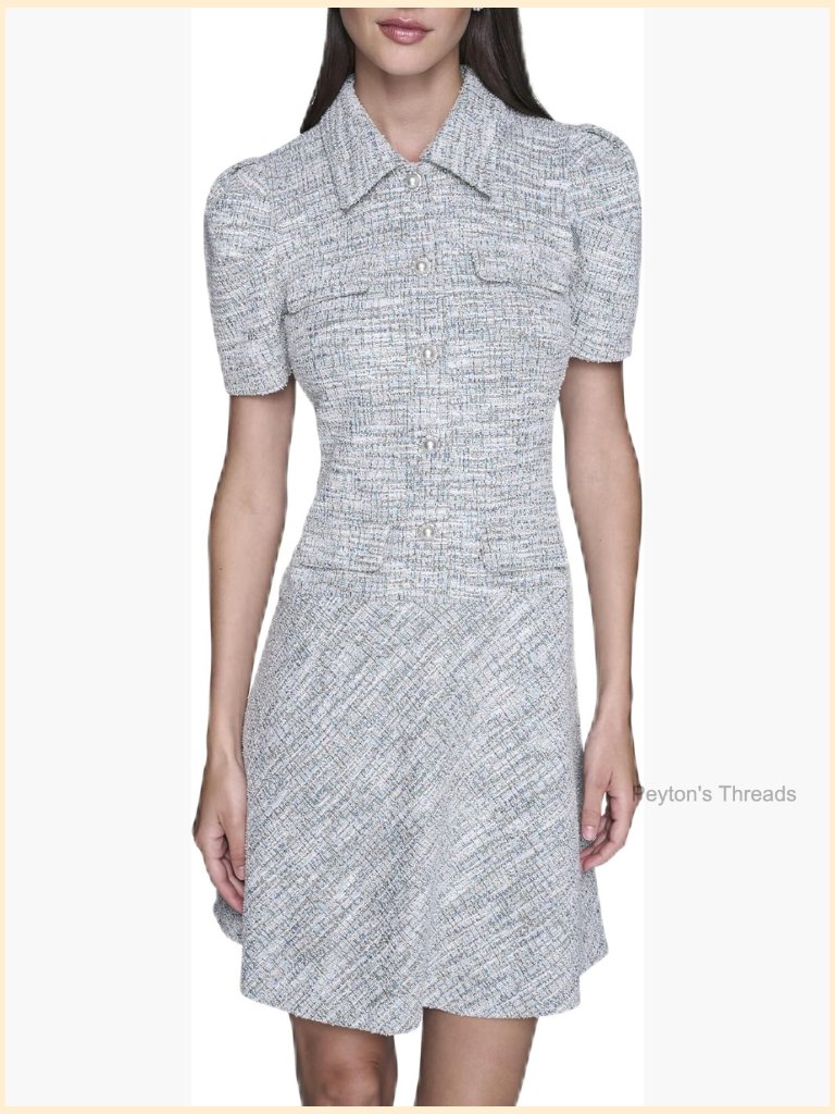 Puff Sleeves Collared Knit Tweed A-Line Mini Dress Casual Luxury